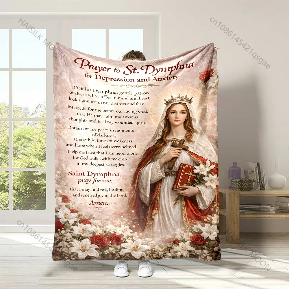 1PC Prayer St. Dymphna anxiety Faith-printed Flannel Blanket Soft and Warm Suitable for Home Travel Picnics Camping and RV Use
