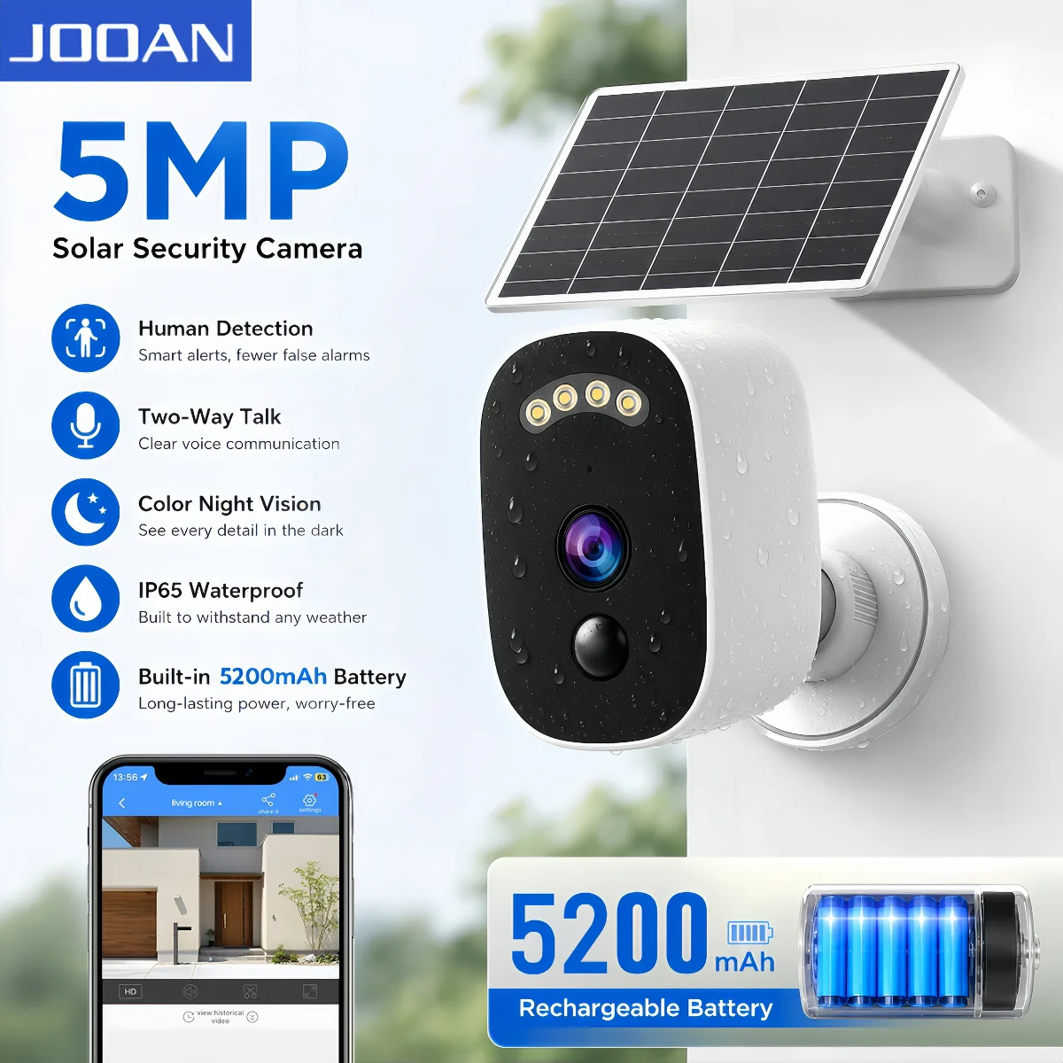 JOOAN 5MP WiFi Solar Camera Outdoor Wireless Battery Powered Security Camera PIR Human Detection Night Vision IP66 Waterproof