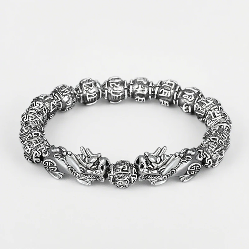 Nepal Vintage Handmade Tibetan Silver Transit Jewelry Six-character Mantra Heart Sutra Bracelet and Bead Bracelet