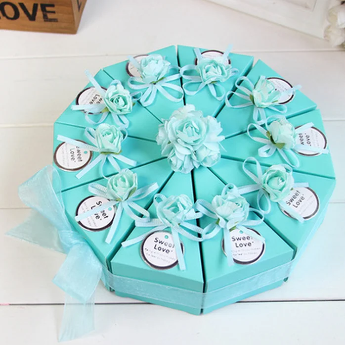 50 x Pink / Blue Triangular Cake Style Wedding Favors Candy Boxes Party Paper Gift Box With Faux Flower Tags Ribbons (5 Cakes)