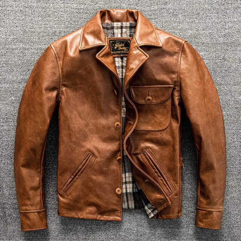 Classic corner top layer cowhide leather for men workwear motorcycle suit short fitted coat