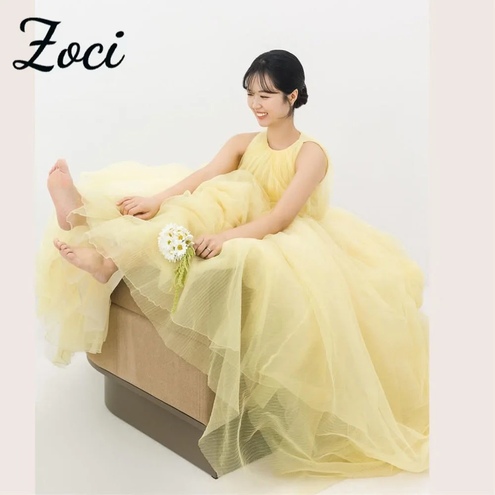 Zoci Princess O Neck Korea Wedding Dresses Yellow Fairy Pleat Tulle Wedding Photo Shoot Dress Customized Draped Floor Bride Gown