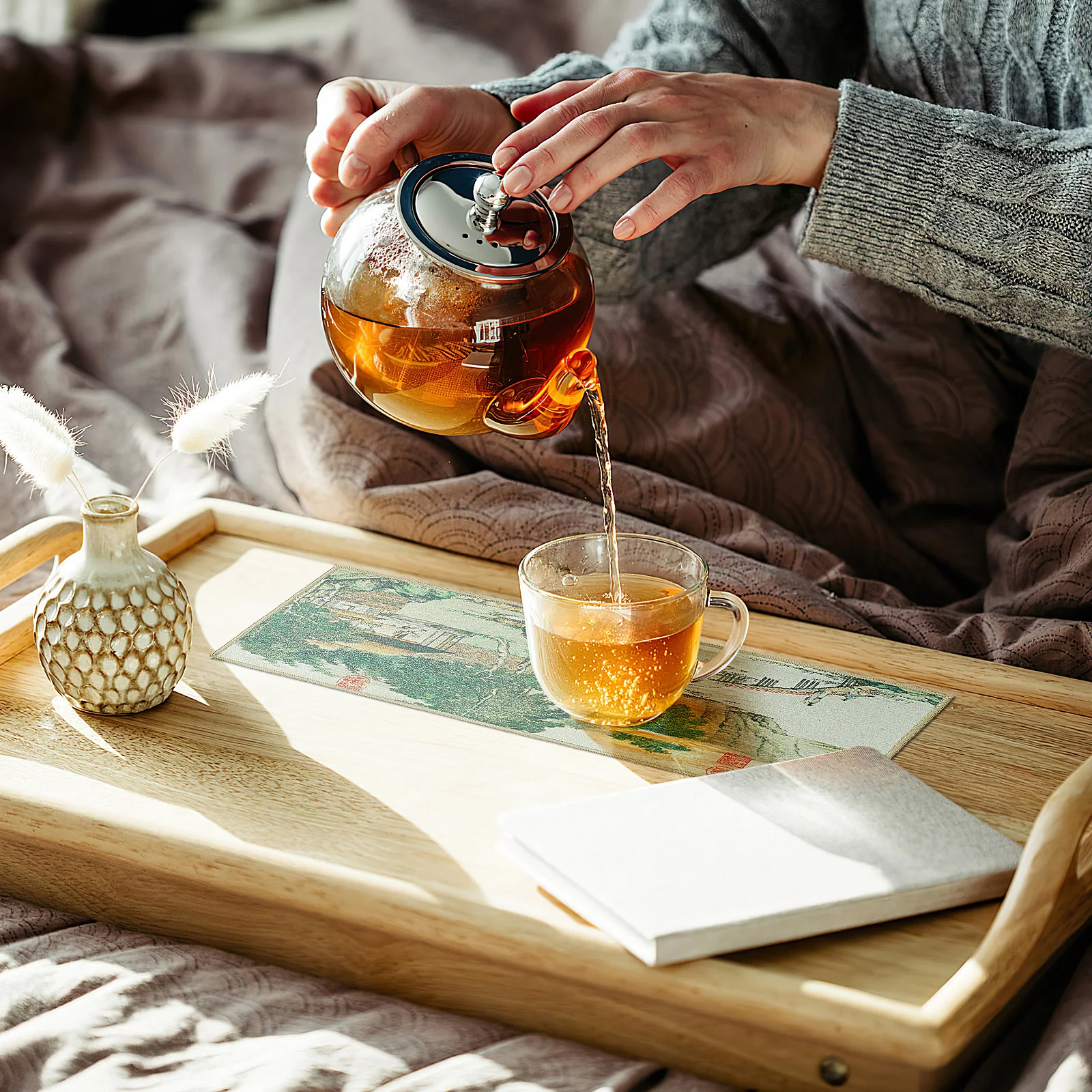 

2pcs Thickened Tea Kitchen Dish Towel Water Absorbent For Glass Cookware Teapots Printed Tea Table Towel Household Teaware Mat