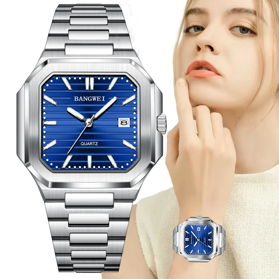 

Креативные квадратные кварцевые часы BANGWEI из нержавеющей стали для женщин, новые роскошные водонепроницаемые светящиеся женские наручные часы Reloj Mujer