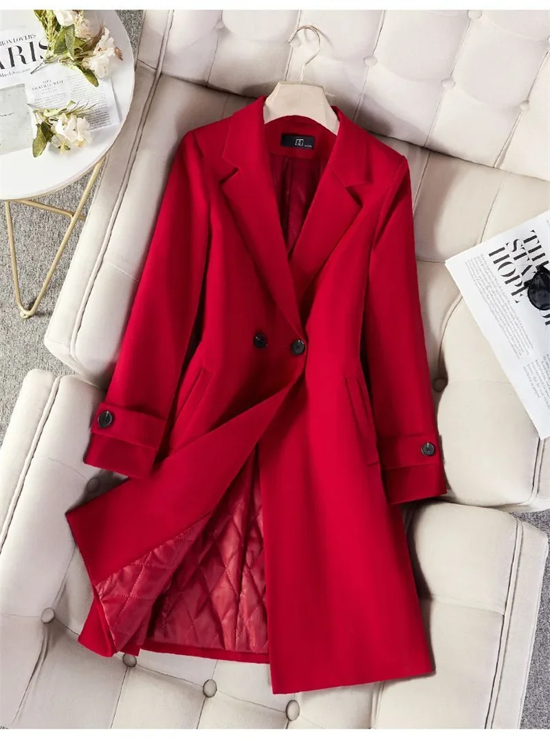 Blazer long épais pour femme, veste décontractée pour femme, manteau coupe-vent pour femme, noir, rouge, bleu marine, automne, hiver, A172, 2024