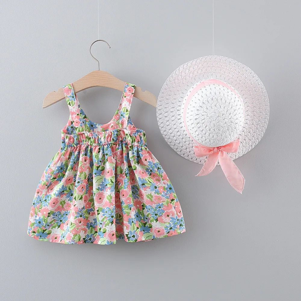 2Pcs/Set Summer Delicate Baby Girl Dress Sweet Floral Bow 0-3 Y Toddler Beach Dresses Kids\' Costumn Cute Children Clothing + Hat