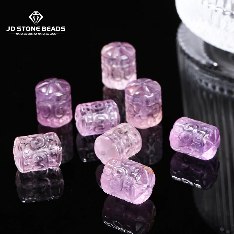 1 Pc Natural Amethyst Carved Patterned Cylindrical Shape Bead Lucky Pendant For Jewelry Making Diy Necklace Bracelet Accessory