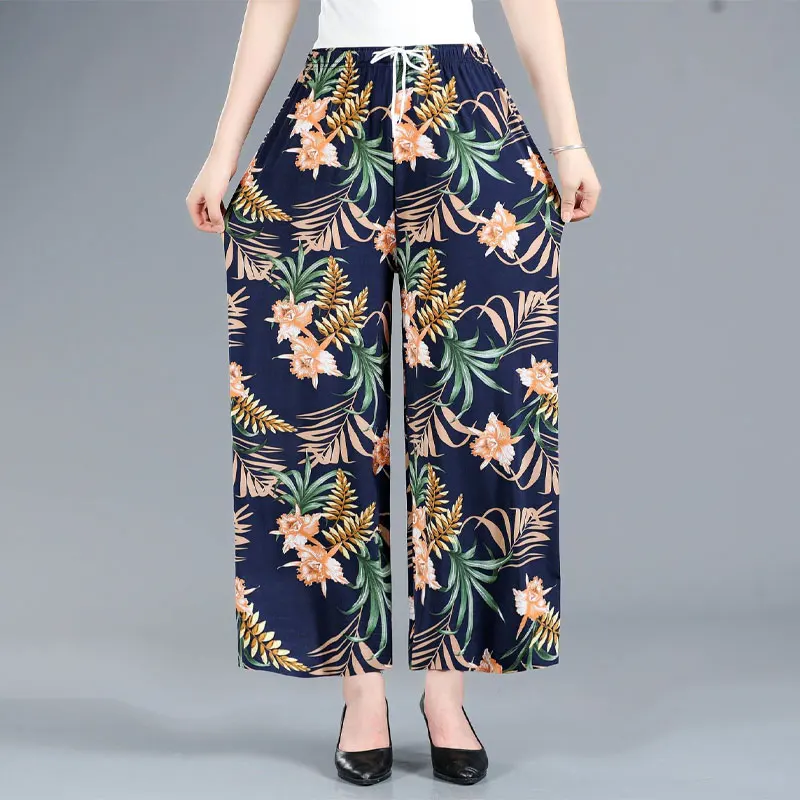 Summer Vintage Folk Printed Cropped Trousers Contrasting Colors Casual Loose Women\'s Clothing Stylish Wide Leg Drawstring Pants