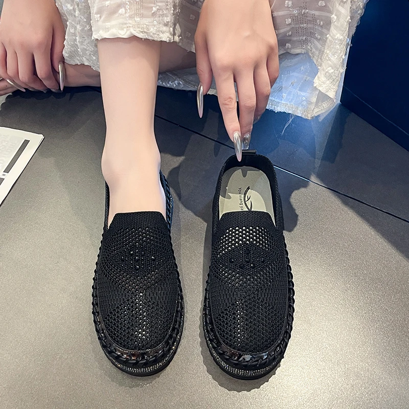 موضة الماس مزين حذاء مسطح المرأة 2025 جديد الخريف جوفاء تنفس منصة عادية أحذية بكعب منخفض Zapatillas #6