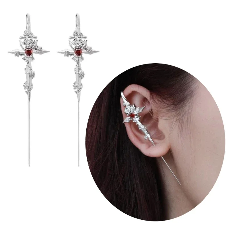 Unique Rose Heart Earrings Cool Ear Pin Stylish Studs Earrings Fashionable Ear Jewelry Alloy Texture Perfect for Women