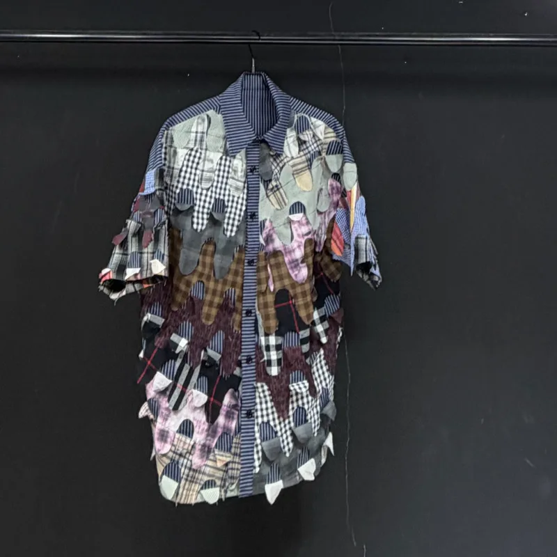 WVGA Summer New Men's Striped Patchwork Patterned Printed Short Sleeved Shirt Trendy Loose Fit Niche Chic Casual Tops Ins W24807