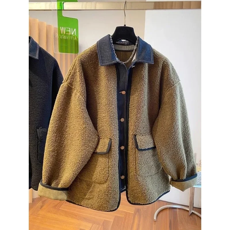 Casual Women cowboy Coats Jackets Melad loose denim spliced lamb wool style personalized this year's popular Women's Clothing