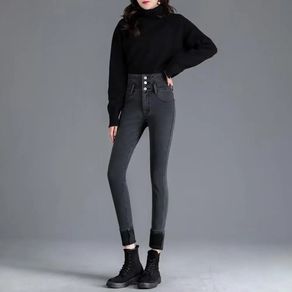 Women Cotton Denim Jeans Soft Women Jeans High Waist Faux Fur Lined Winter Jeans for Women Slim Fit Pencil Pants with Soft