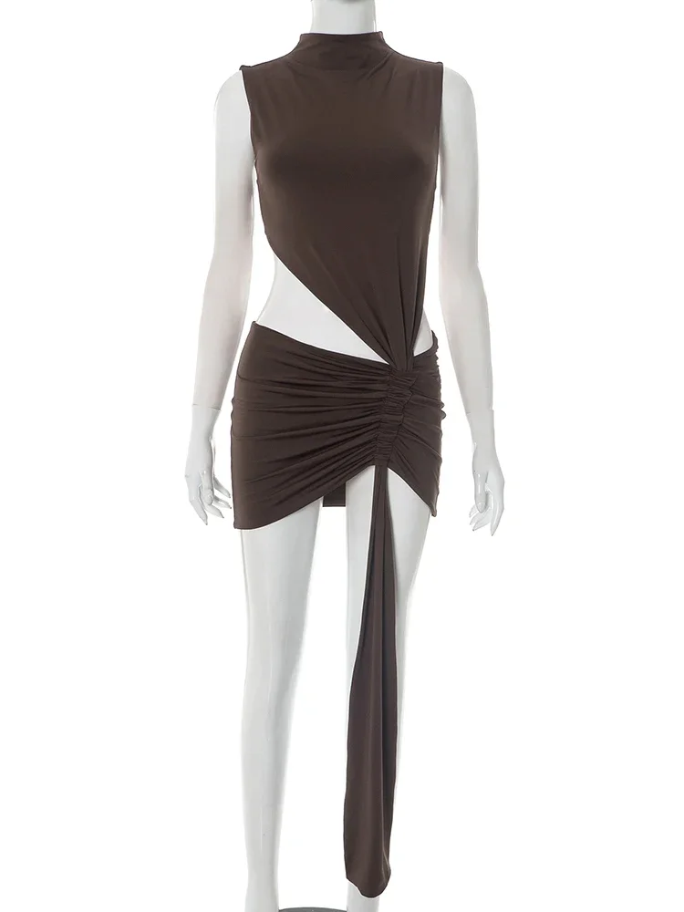 Leosoxs ไม่สม่ําเสมอ Hollow ชุดผู้หญิง O-คอแขนกุดเอว Skinny Ruched พู่ Midnight Club Party เซ็กซี่มินิ Bodycon