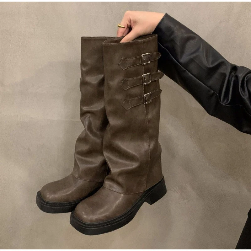 Stiefel mit klobiger Sohle und lockerem Schaft, Vintage-Kniehohe Stiefel mit gestapeltem Absatz für Damen, dicke Plattform, für Herbst und Winter – Detail 11