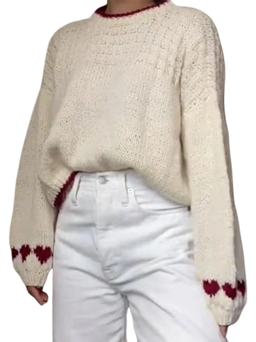 Wrap Yourself in Love with our Ivory White Heart Long Sleeve Sweater - Perfect for Fall and Valentine's Day!