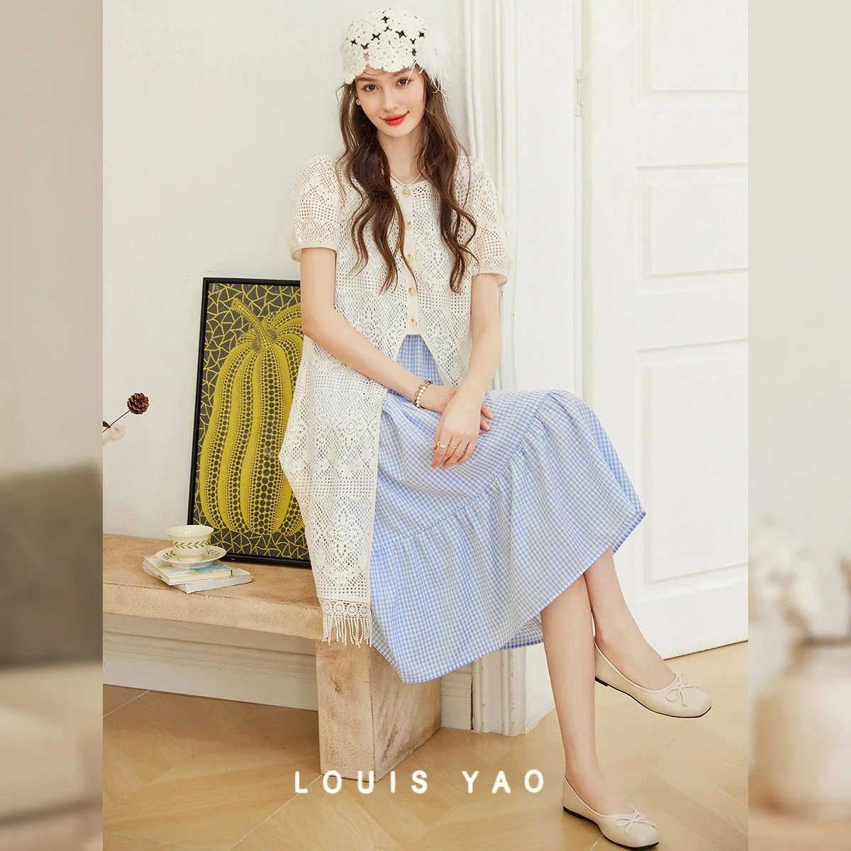 LOUIS YAO Age-Reducing Vacation Style Two Piece Set 2025 Sweet Retro Hollow Short Sleeve and Strap Dress Linen Woven Women's Set