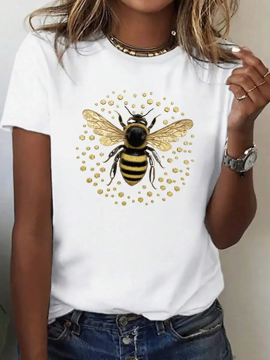 Women 100% Cotton Short Sleeve T‑Shirt Intricate Bee Honeycomb Geometric Print Comfort Fit Crew Neck Machine Washable Casual Daily Top
