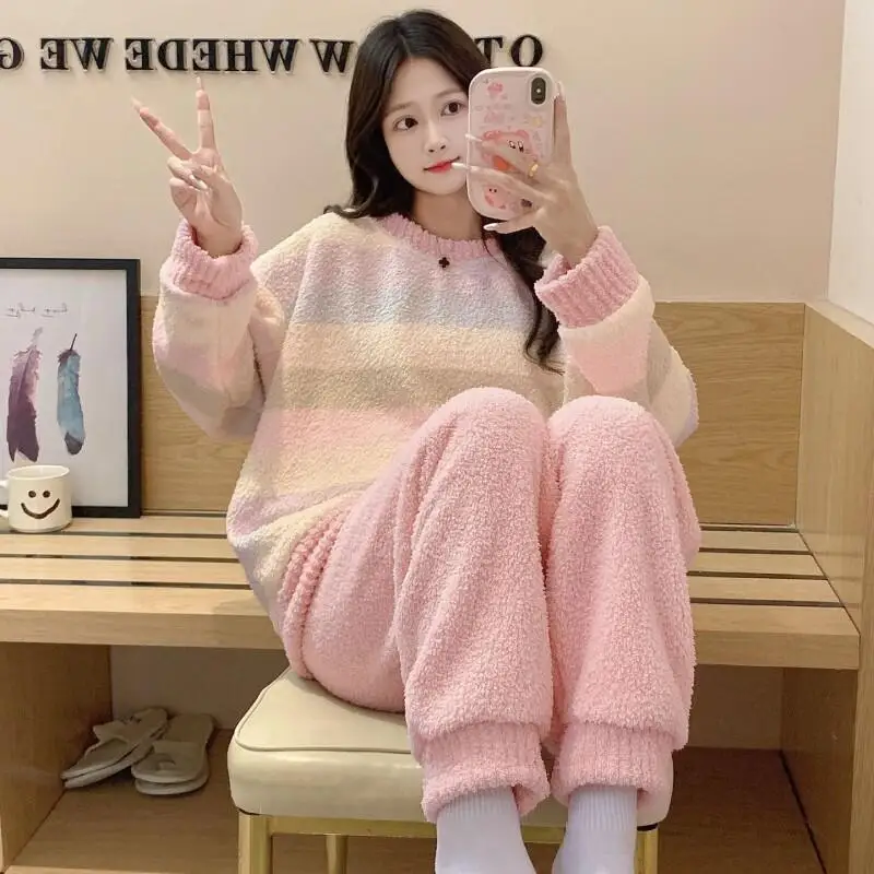 

Coral Fleece Sleepwear Women's Winter Sweet Striped and Thick Fleece Warm Half Fleece Spring and Autumn Home Suit Set Sleep