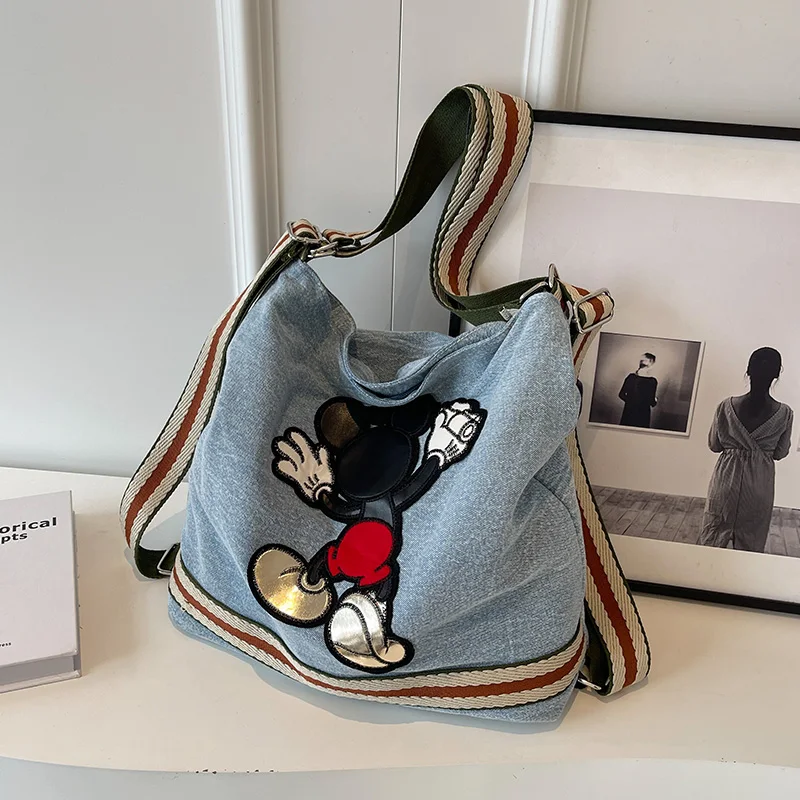 MINISO Disney Cartoon Mickey Large Capacity Cowboy Bag Women\'s Shoulder Bag Adjustable Wide Shoulder Strap Crossbody Bucket Bag