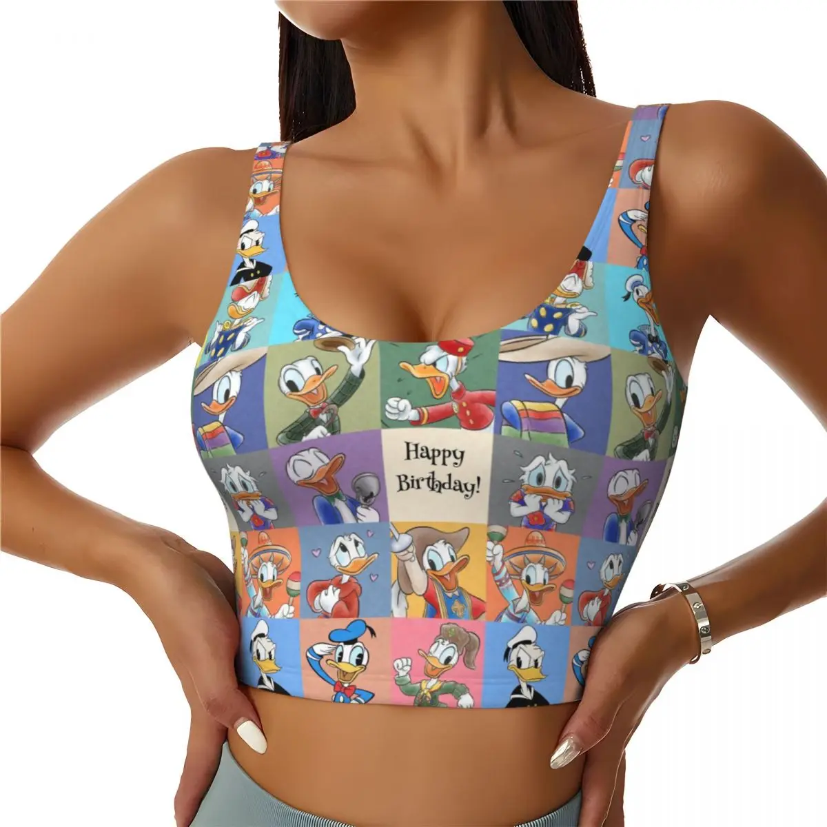 

Изготовленный на заказ ударопрочный спортивный бюстгальтер «Дональд Дак» с днем рождения, женский укороченный топ для занятий йогой в тренажерном зале