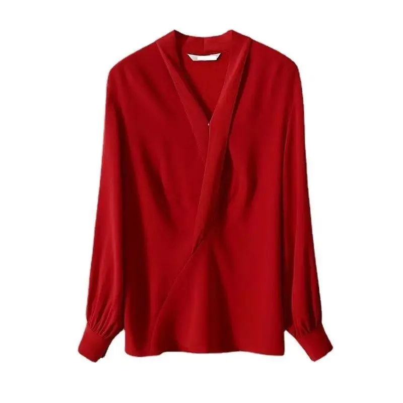 Red Blouse Women Plus Size Loose Office Shirt Long Sleeve Simple V Neck Tops Korean Blouses OL