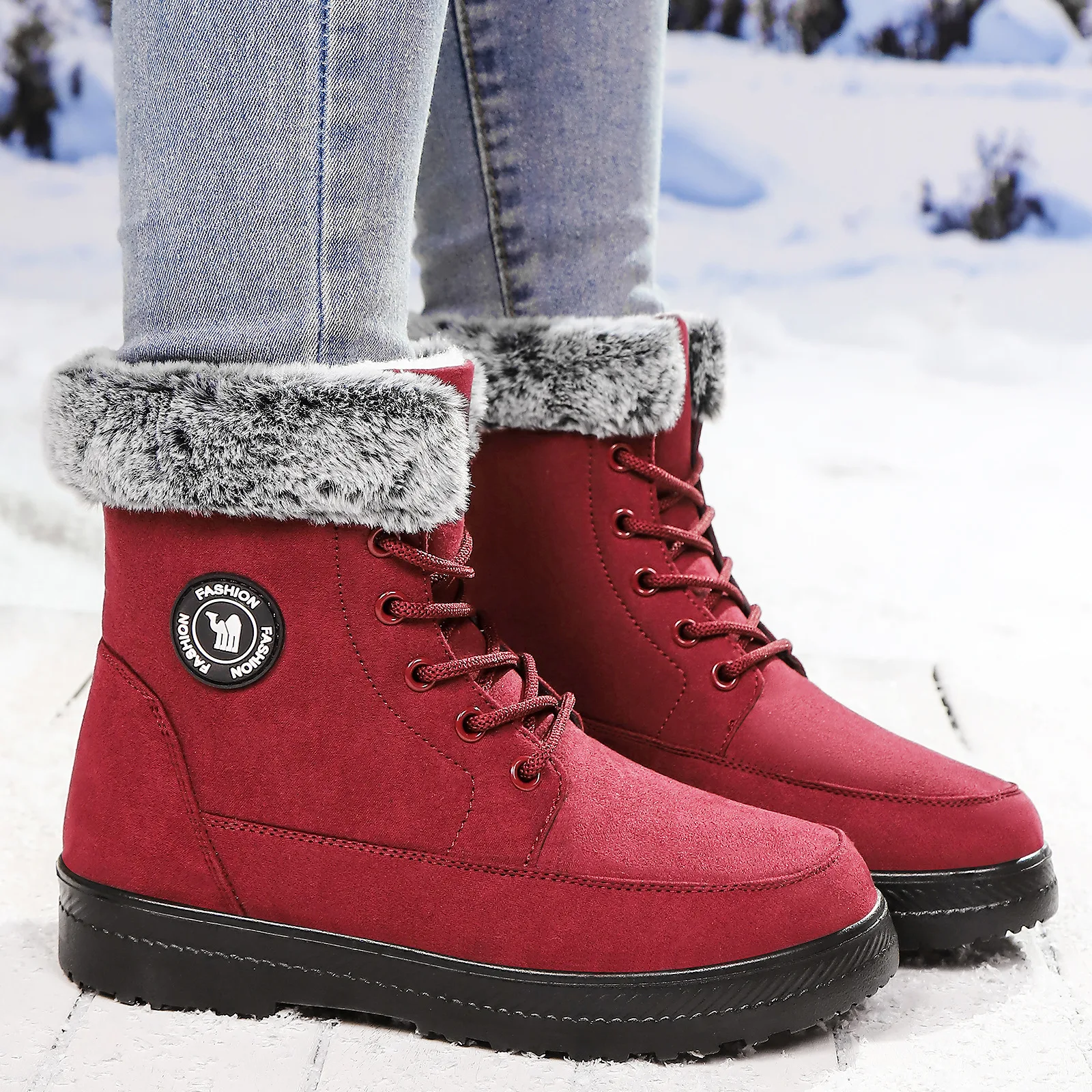 

Snow Boots Woman Fur Shoes Women Lace-Up Women Booties Platform Warm Ankle Boots Fashion Women's Winter Shoes Boots Botas Mujer