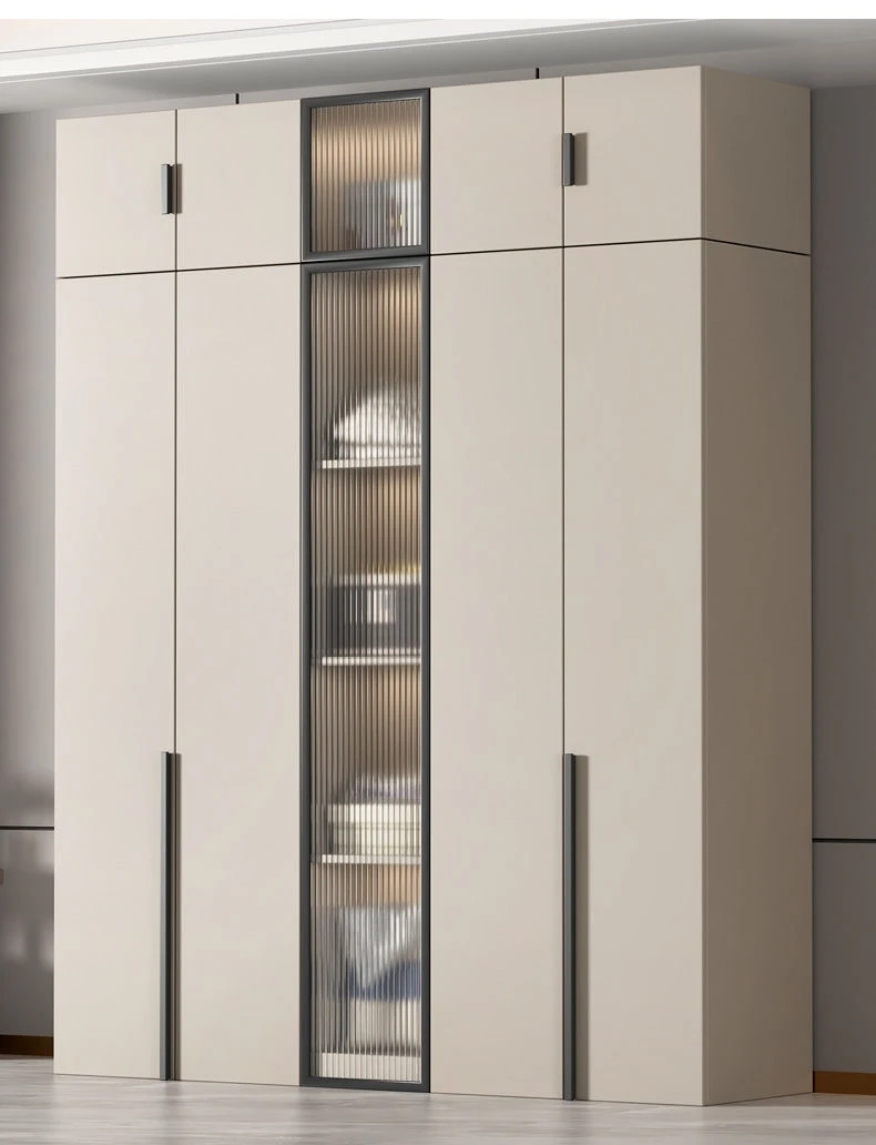 الحديثة الفاخرة باب مفتوح من الأرض إلى السقف خزانة الحديثة الخشب الصلب والجلد خزائن وحدات المشي في خزانة غرفة النوم #2