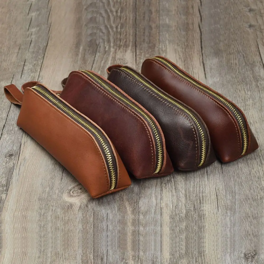Multifunction Office Stationery Zipper Cowhide Pencil Bag Retro Style Pen Case Pen Storage Glasses Bag