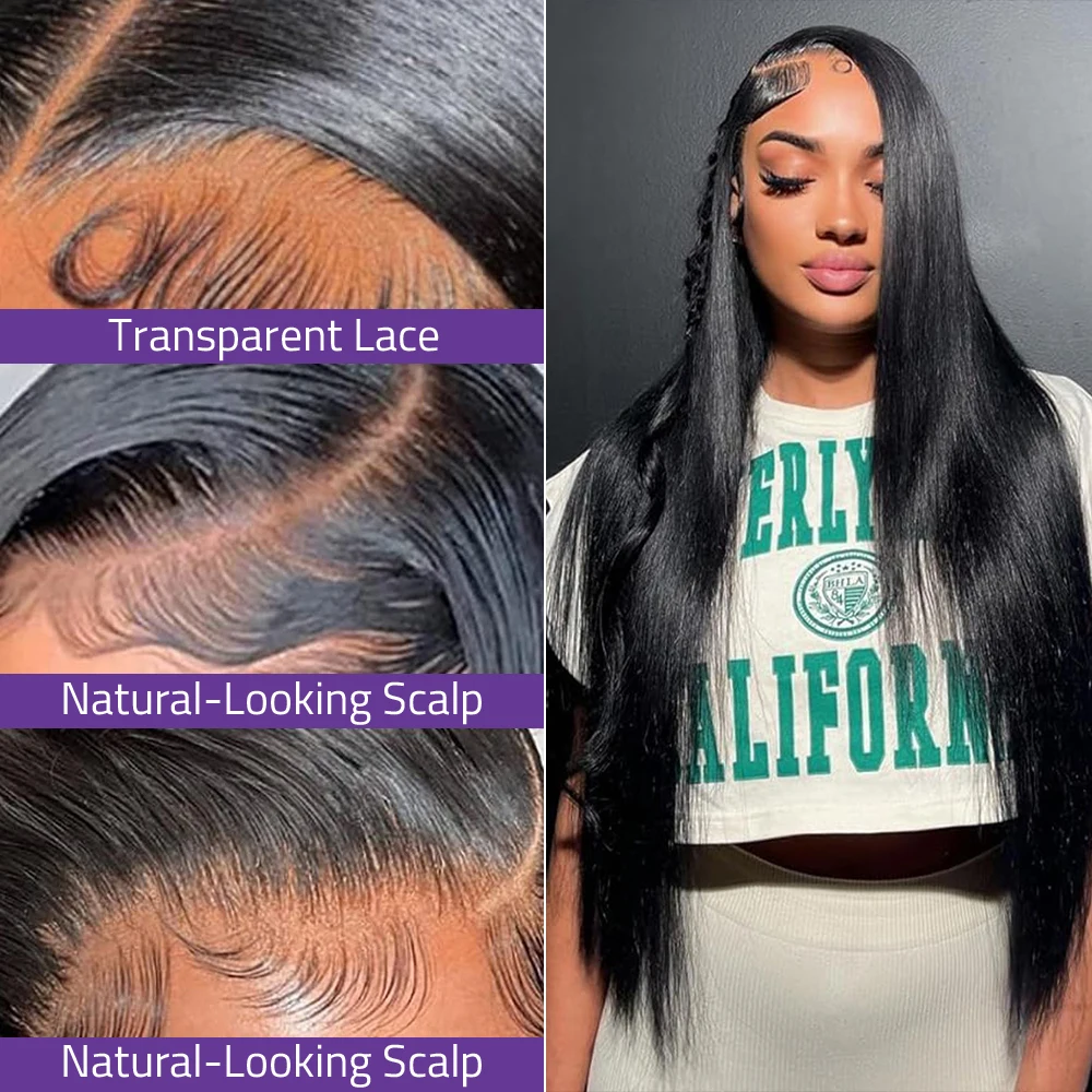 Peruki z prostych włosów naturalnych o długości 30-40 cali, peruka typu frontal z koronką HD 13x6, peruka typu frontal z koronką 13x4 brazylijska, wstępnie wyregulowana linia włosów dla czarnoskórych kobiet, gęstość 200%.