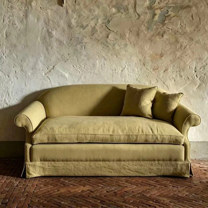 Naturalistic sofa wabi-sabi wind, green cotton and linen fabric sofa
