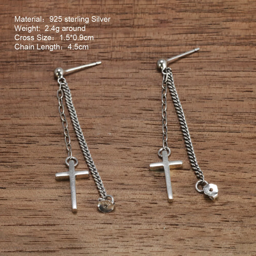 Real Sterling Silver S925 Jesus Cross Vintage Punk Style Earrings Chain Religious Jewelry for Men and Women