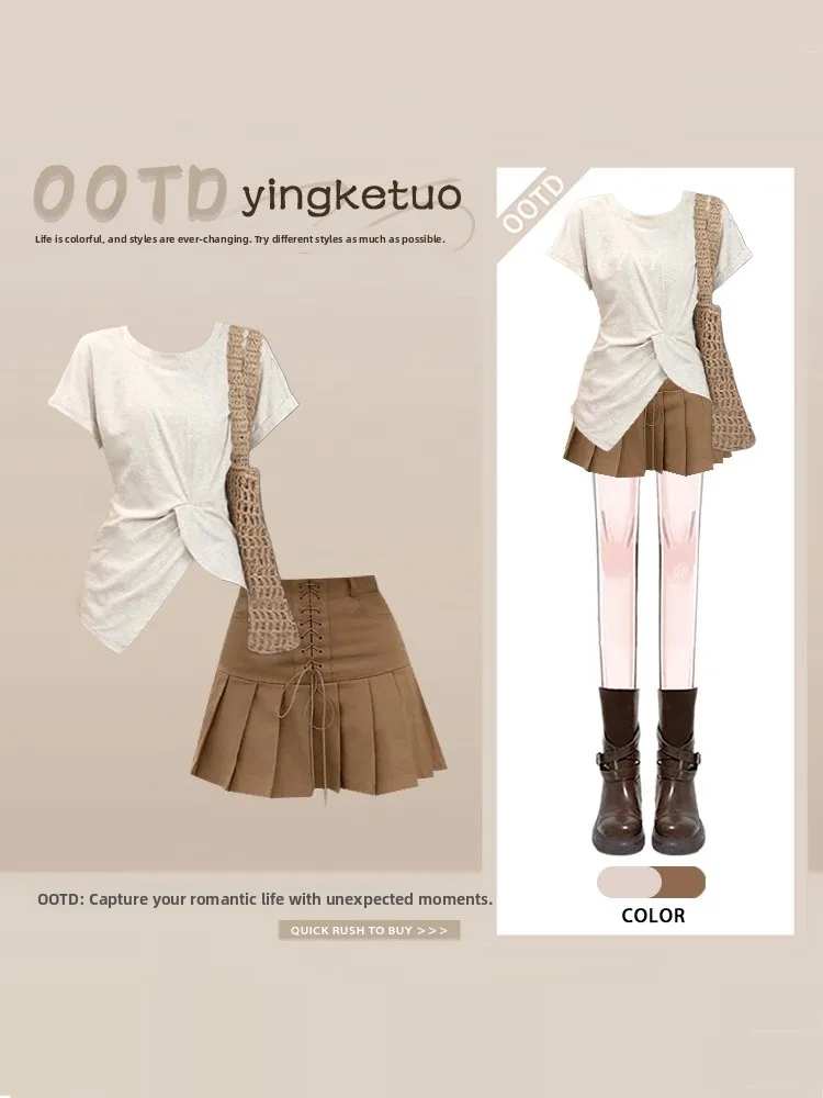 

Summer Fashion High Waist Short T-Shirt Women's Design Sense Asymmetrical Pleated Skirt Two Piece Set Slimming Effect