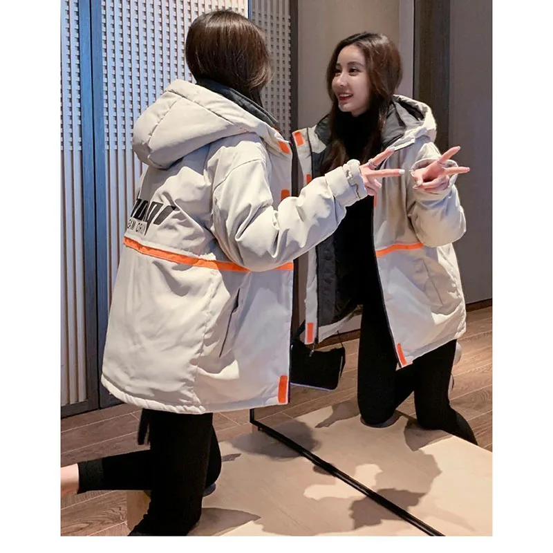 

Autumn Winter Down Cotton Jacket Hooded Coat Women's Parkas Loose Thicken Warm Padded Design Sense Female Students Outerwear