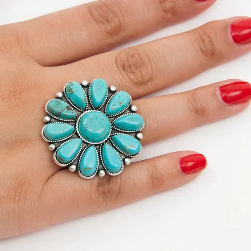 Western Jewelry Turquoise Flower Rings For Women Boho Silvertone Rings Adjustable Vintage Blue Stone Joint Knuckle Finger Rings