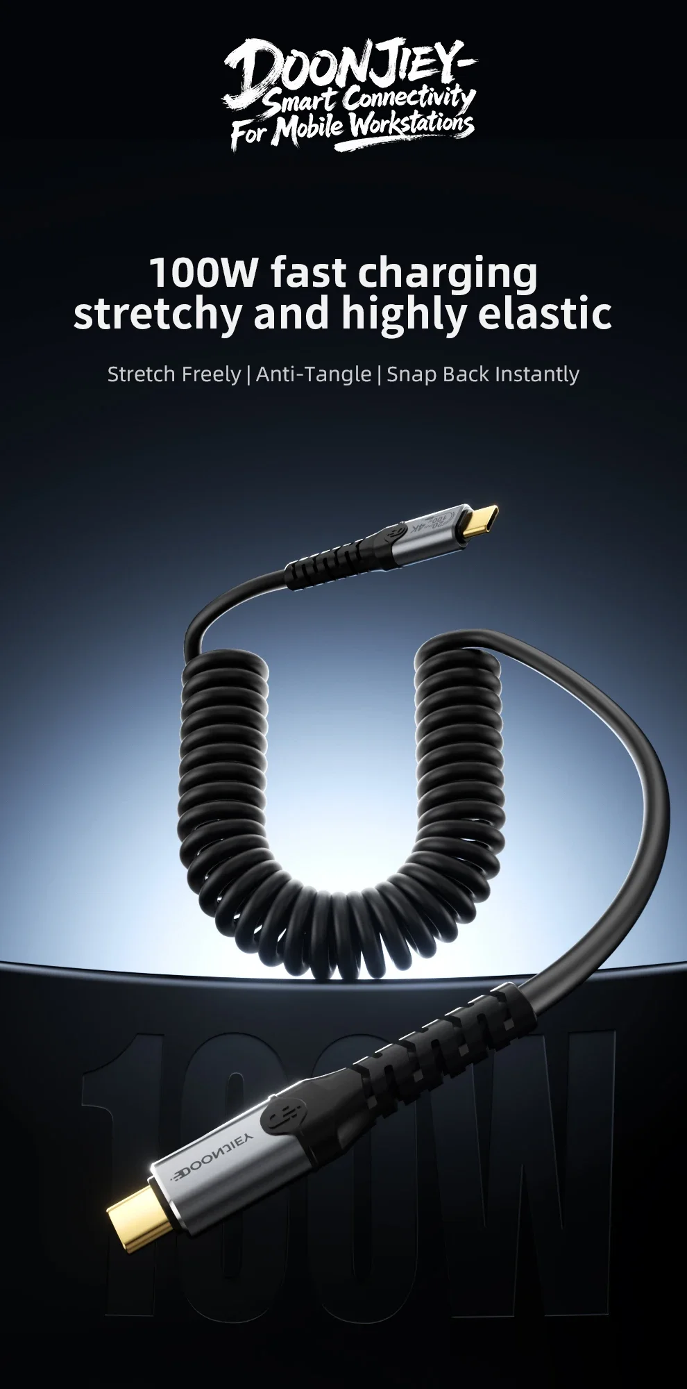 DOONJIEY Spring Coiled Type C Cable Full Function USB3.2  100W PD 4K Video Compatible Thunderbolt 3 4 For MacBook iPad Device