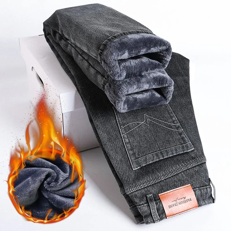 

Men Autumn Winter Fleece Lined Thickened Jeans Male Warm Slim Fit Loose Straight Denim Pants Classic Casual Fashion Trousers
