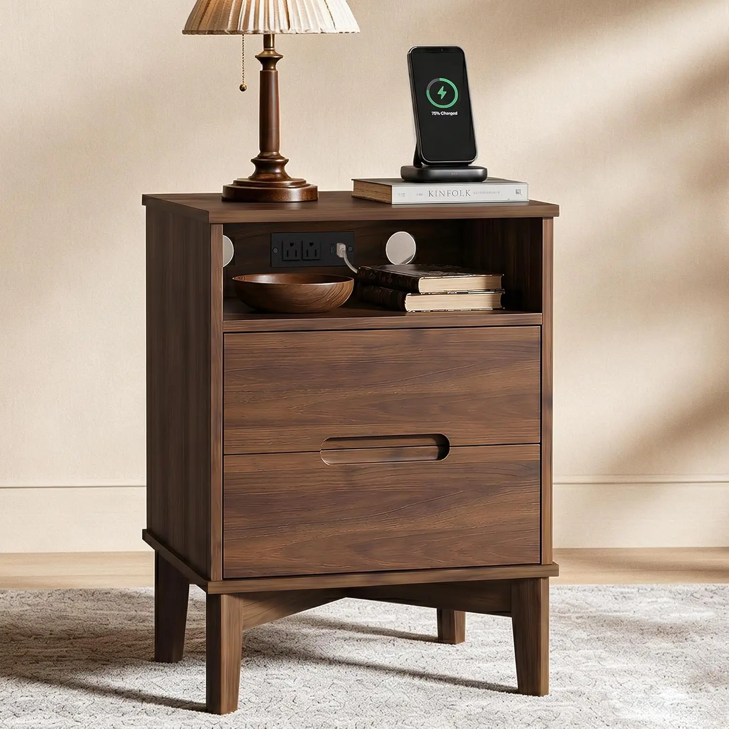 

26" Tall Wood Nightstand With Charging Station & USB-C, Mid Century Modern Bedside Table With Solid Wood Legs,, Customized
