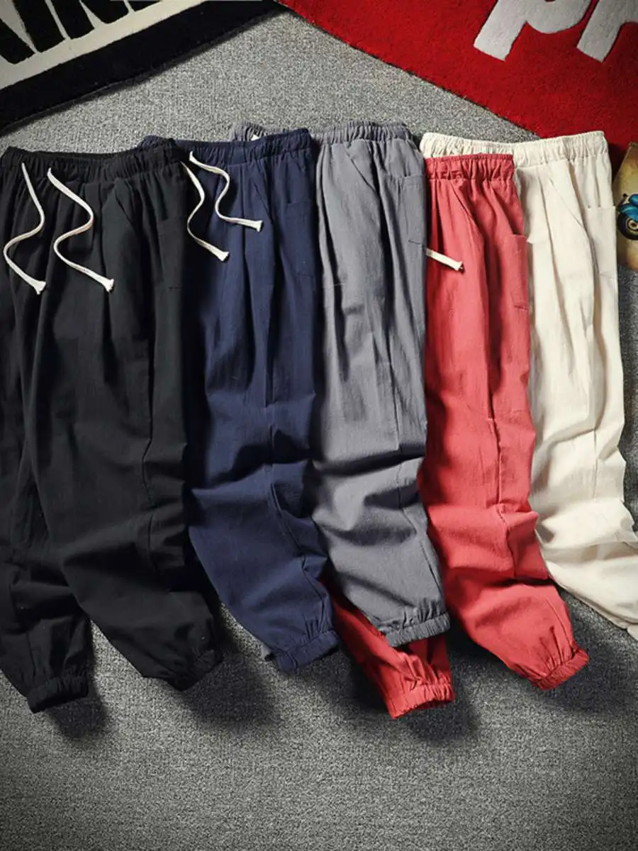 

Модные повседневные спортивные брюки в корейском стиле, свободные брюки с зауженными штанинами, мужские летние брюки длиной в пол, универсальные брюки с эластичной резинкой на талии