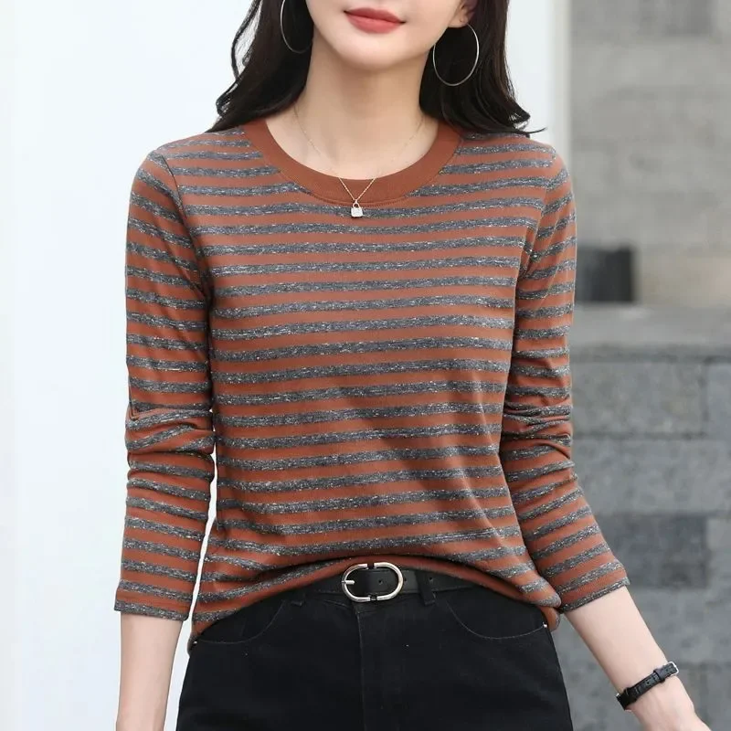 Plus Size Women Round Neck Striped Long Sleeve T Shirt Loose Casual Versatile Spring Autumn Base Tops S 4XL