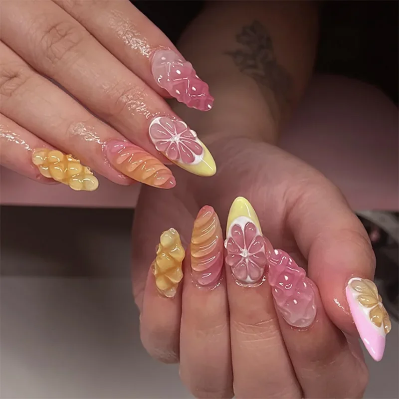 Uñas Postizas 3D Limón Azul Blanco Rayas Francesas Veraniegas Chic Cortas Redondas Desmontables Terminadas 3