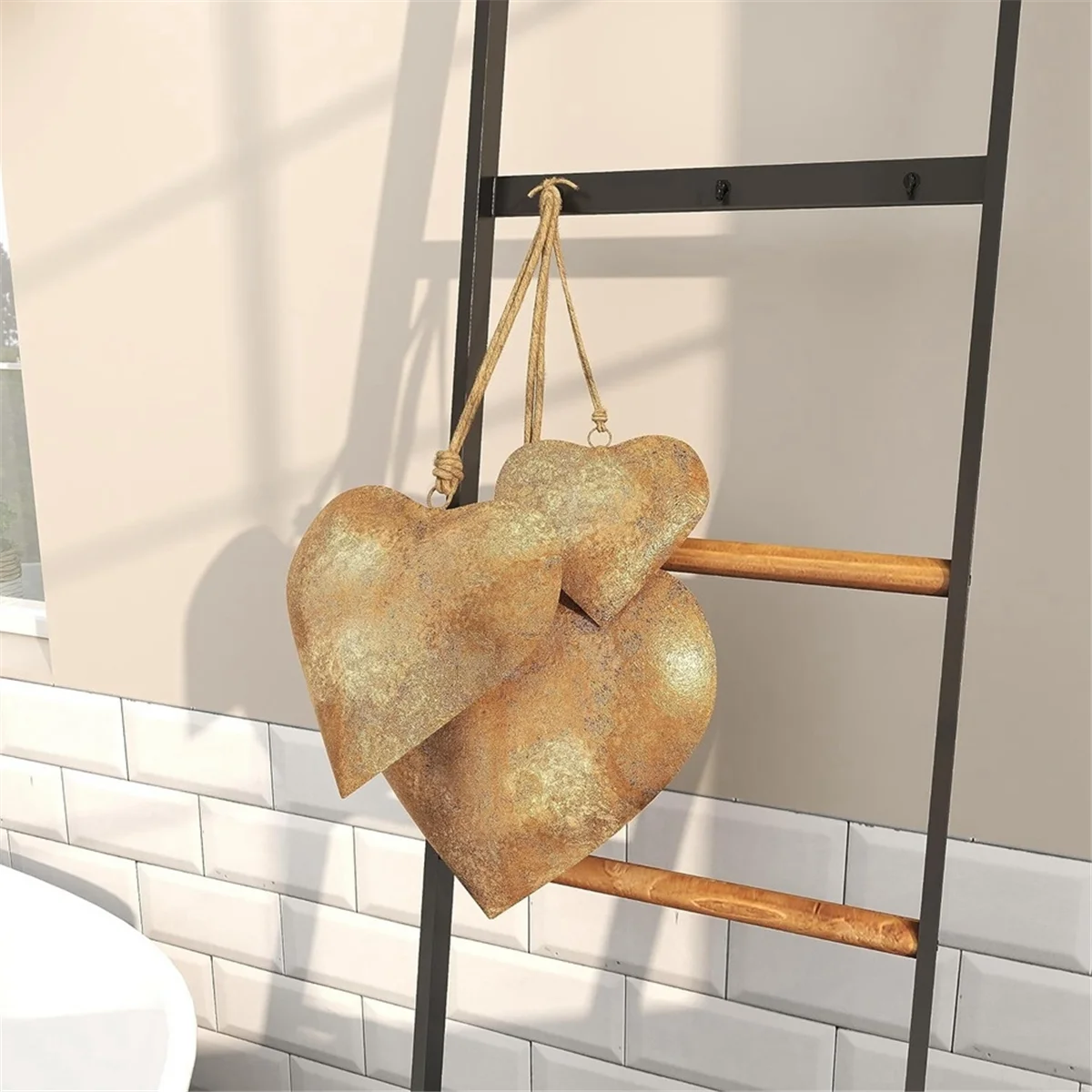 Cloche décorative en forme de cœur en métal 3D A88M, avec corde suspendue, cloche en métal en laiton vieilli