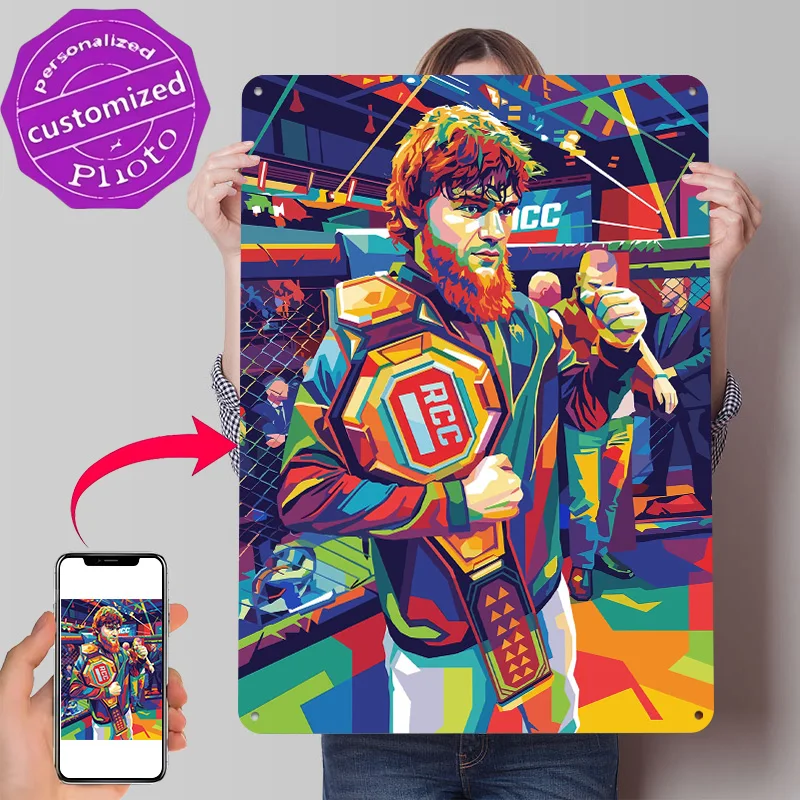 Colorful MMA Champion Art Personalized 3D Textured Metal Poster Wall Art Vintage Tin Signs for Home Decoration Gaming House Room
