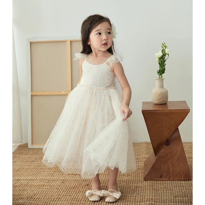 Baby Girl Dress Child Princess Summer Feathered Vest Slip Dress Baby Girls Birthday Dresses Mesh Dress Cute Fashion Long Skirt