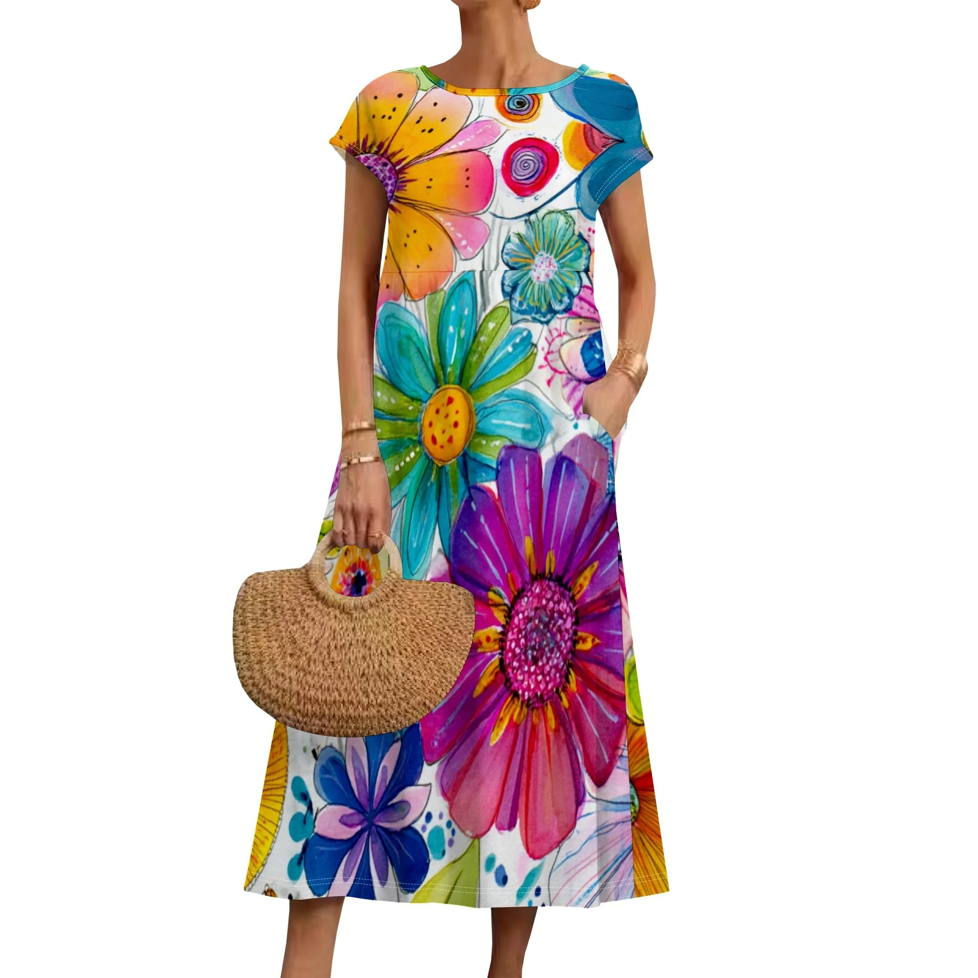 

2025 Women's Dress Summer Short Sleeve Crew Neck Vest Skirt with Pocket Comfort Versatile Dress S-3XL