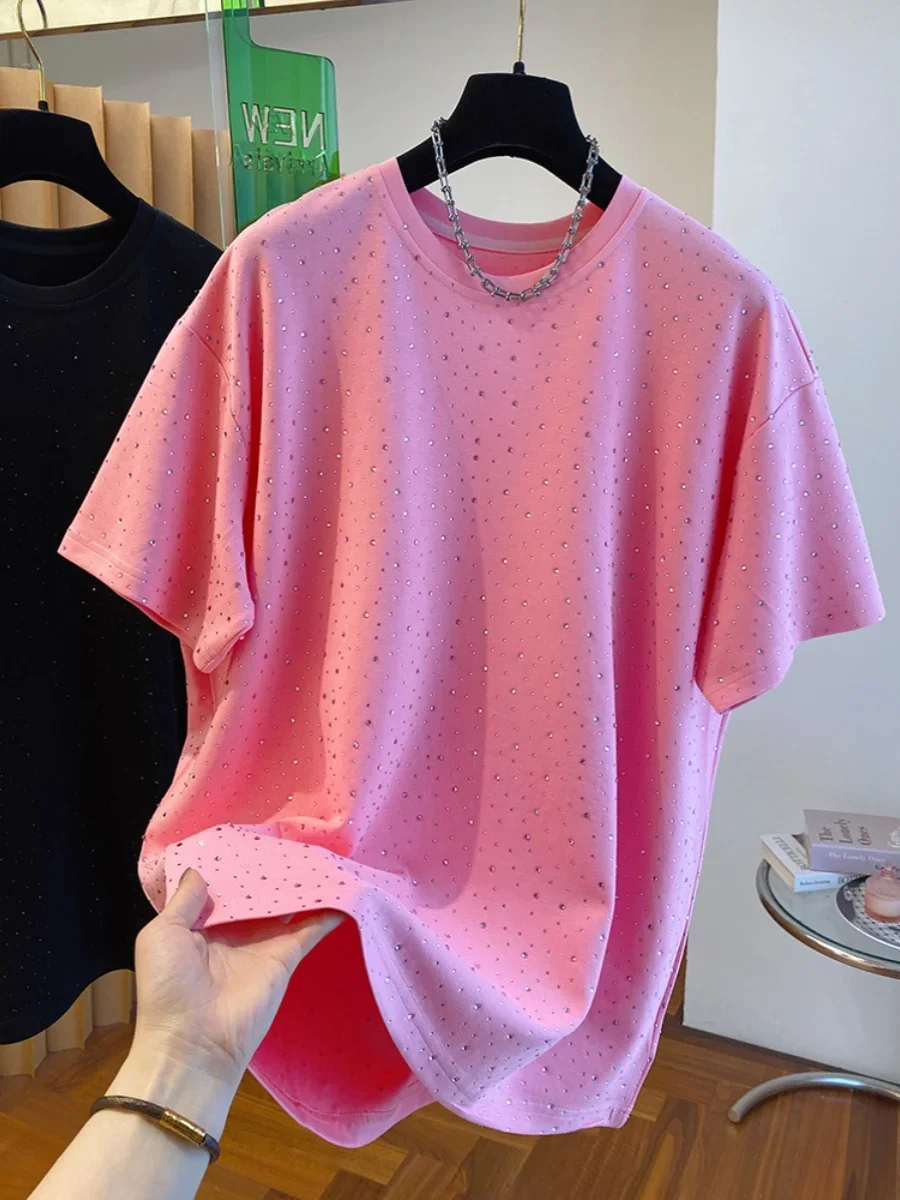 

Summer Shiny Rhinestone T-shirt Pink Round Neck Casual Top Korean Women Short Sleeves Loose Solid Tee Fashion Female Tees