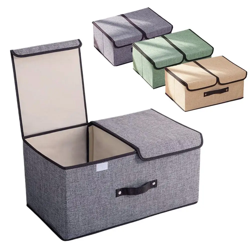 Woven Fabric Foldable Storage Box Large Double Lid With Cover Organizer Underwear Miscellaneous Items Bedroom  JJ2135
