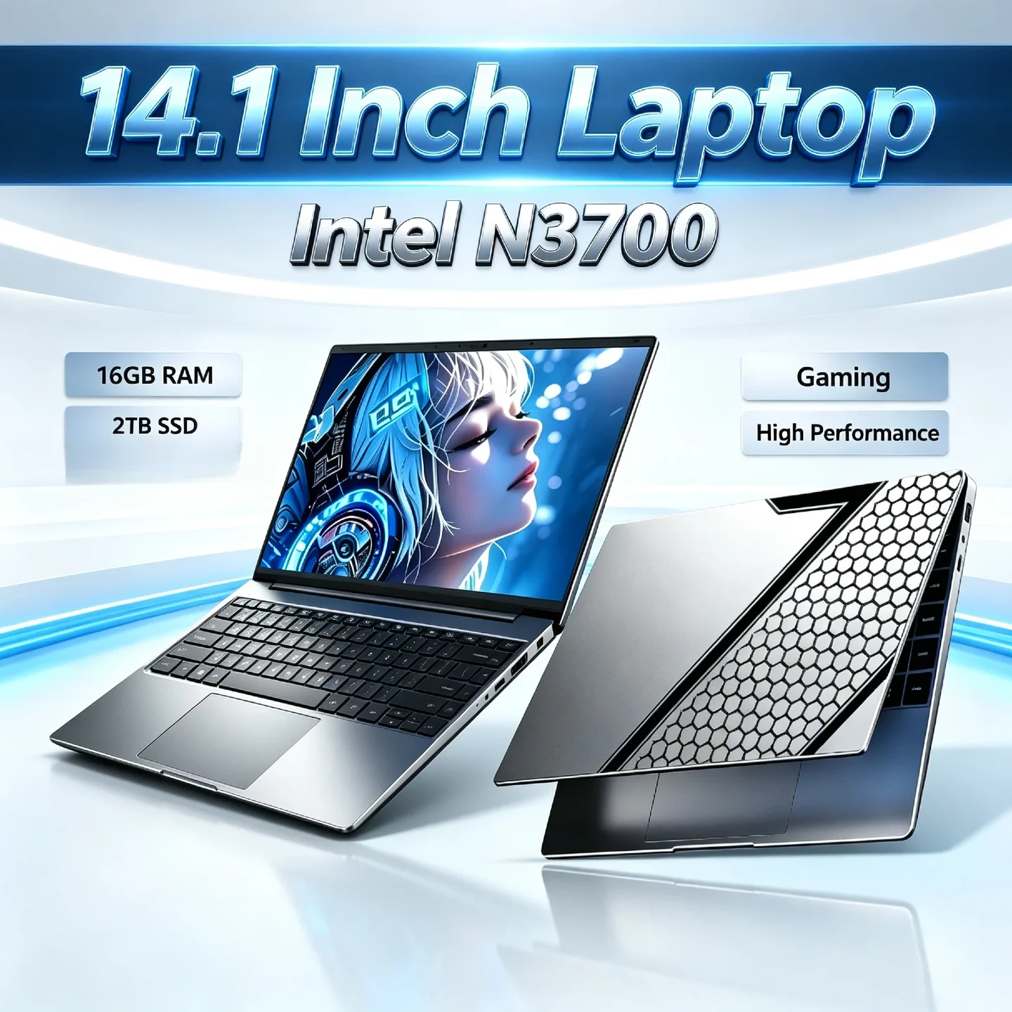 N3700 14.1 Inch Laptop 16GB RAM 2TB SSD 4C 4T 2.4GHz Turbo Ultra Slim Gaming Pro High Performance Unit Plus PC