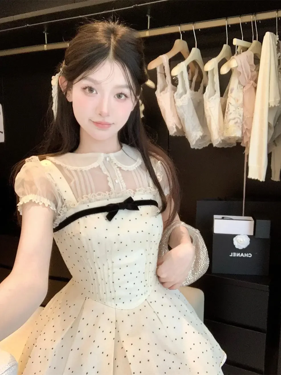 Verão kawaii novo conjunto de duas peças feminino blusa chiffon + vestido de alça sem mangas feminino casual lolita japonês princesa terno 2025 novo