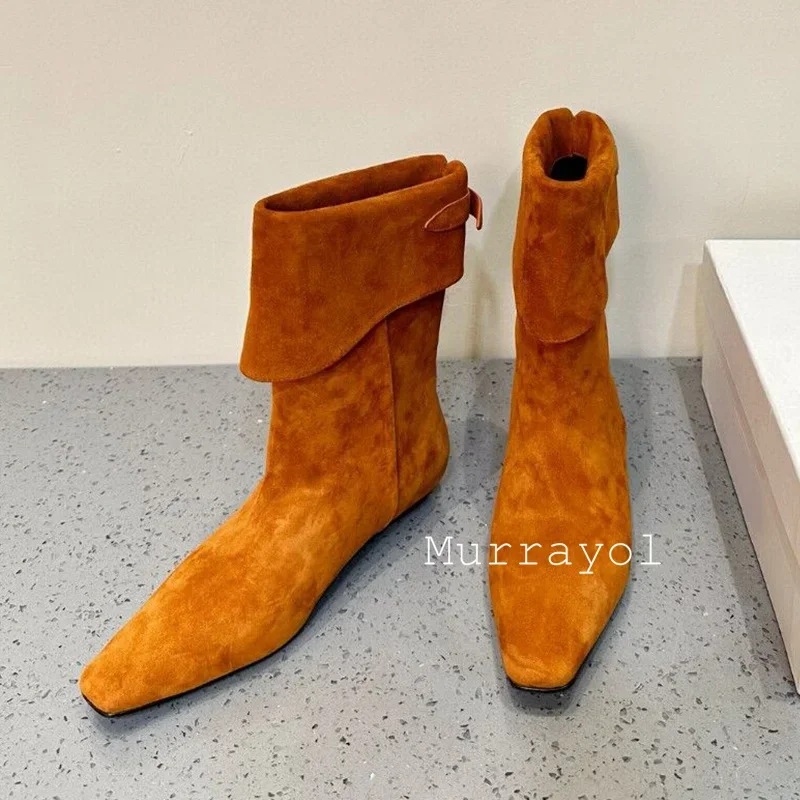 Cow Suede Thick Heel Mid Calf Boots Women Pointed Toe Flanging Design Short Boots Spring Autumn Retro Versatile Riding Boots